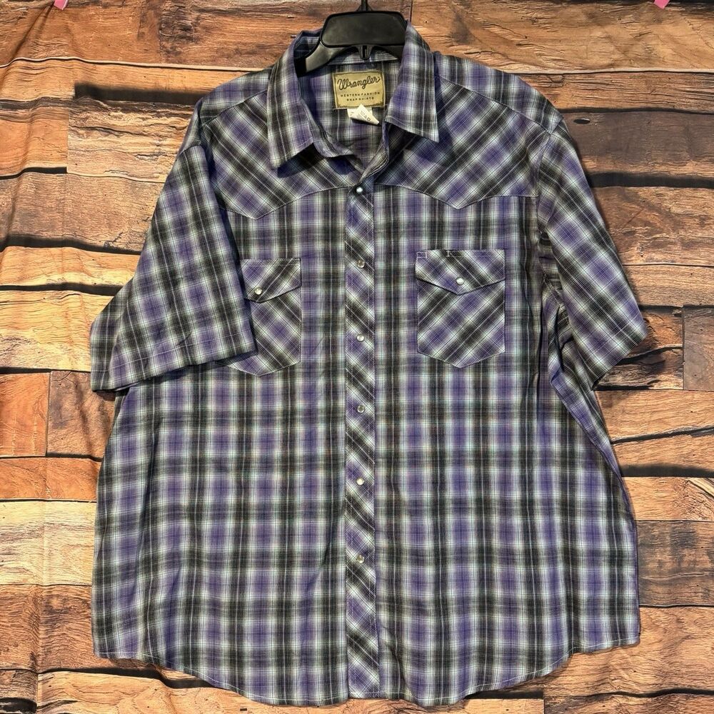 Wrangler Western Shirt Mens 2XL Big Snap Button Plaid Purple Black Short Sleeve